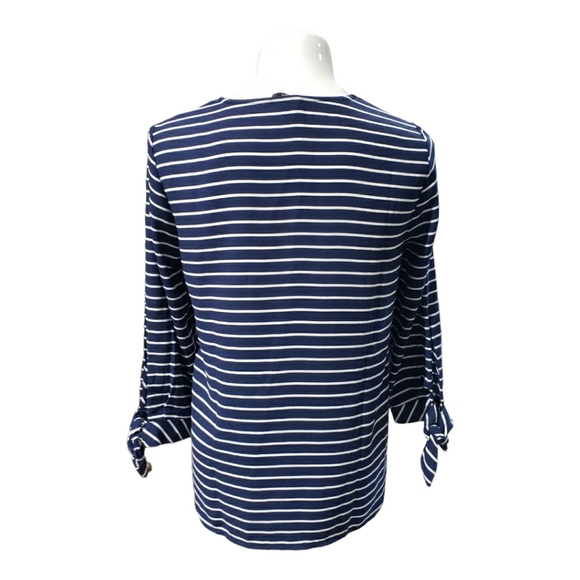 NWOT TALBOTS BLUE AND WHITE STRIPED TIE SLEEVE V-NECK BLOUSE. - Picture 4 of 6